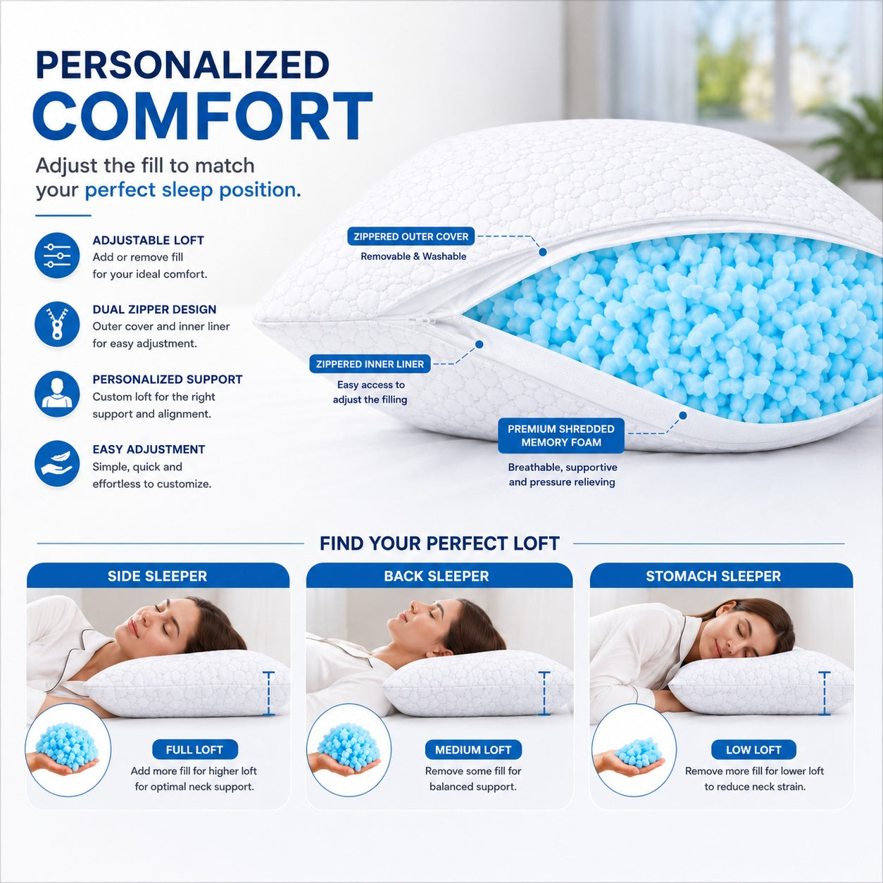 Memory Foam, Shredded Pillow with Gel - Comfi House - Bahrain