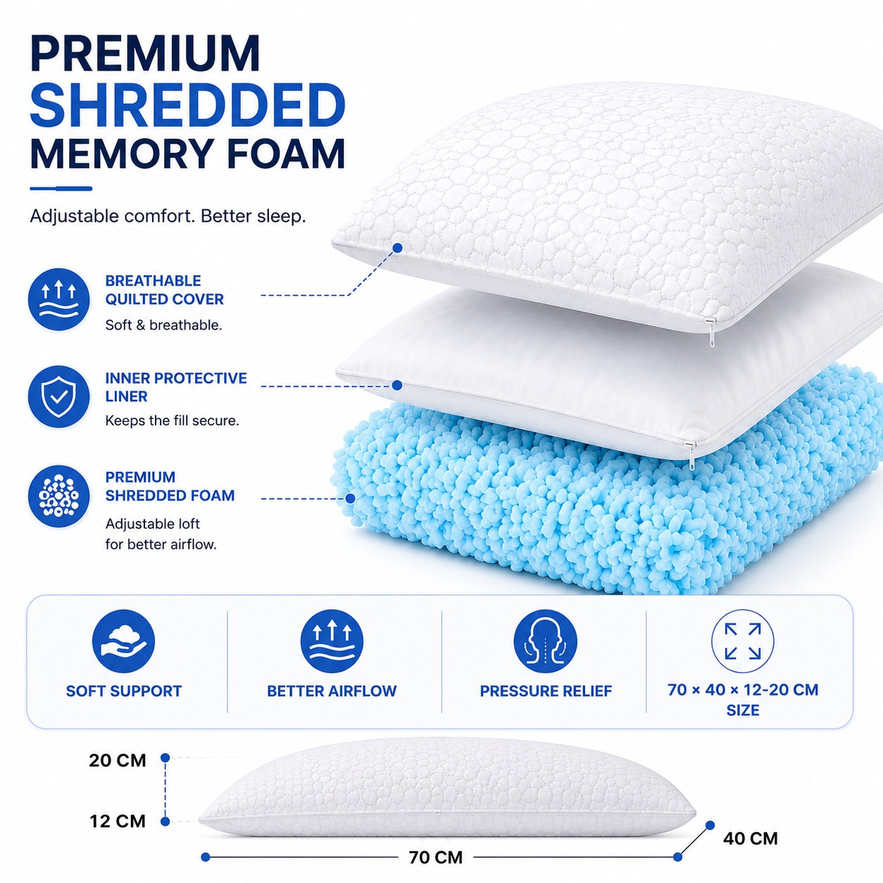Memory Foam, Shredded Pillow with Gel - Comfi House - Bahrain