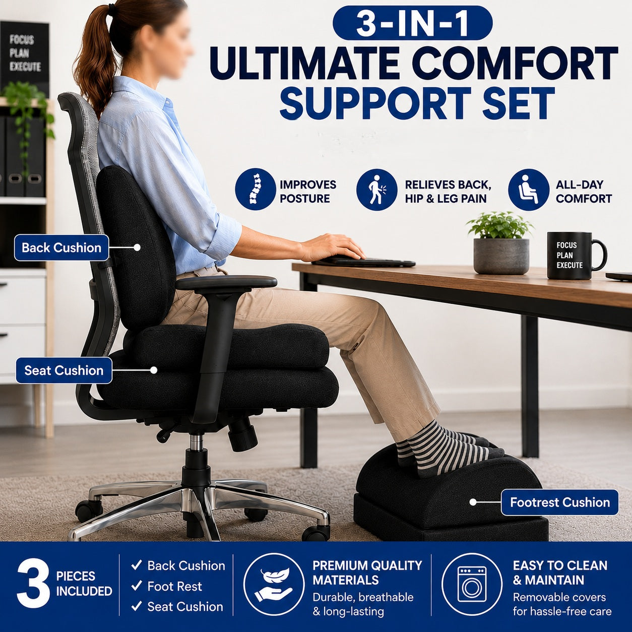 Office Comfort Set 2 (seat cushion, footrest, back support)